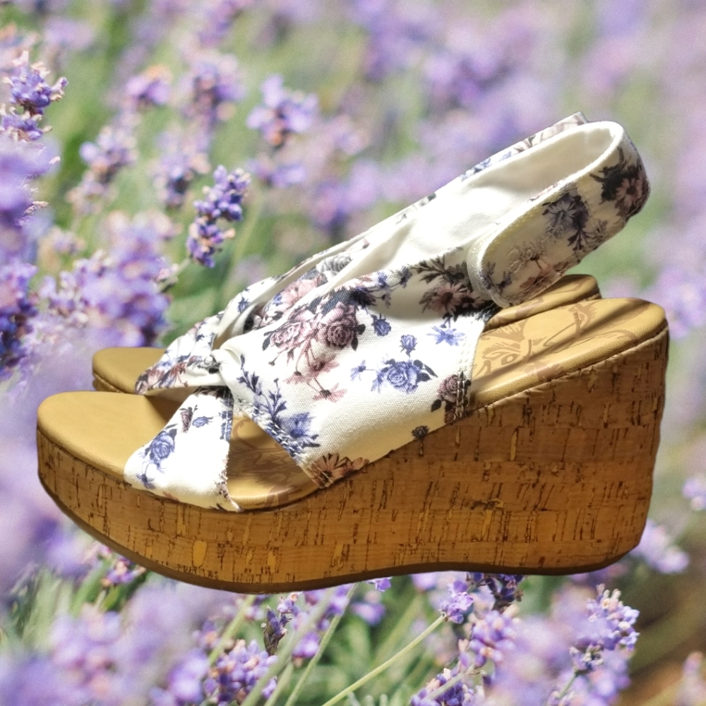 Blowfish Purple and Cream Wedges with Cork Heel